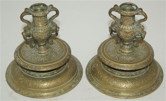 A pair of Italian Renaissance Venetian bronze candlesticks, 16th/17th century, 5.5in.